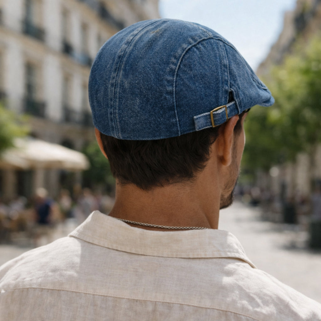 boina italiana, boina italiana jeans, boina jeans, boina jeans masculina, boina masculina, boina azul, boina azul escuro, boina masculina azul, boina clássica, boina casual, boina ajustável, boina com elástico, boina com botão, boina italiana masculina, boina estilo italiano